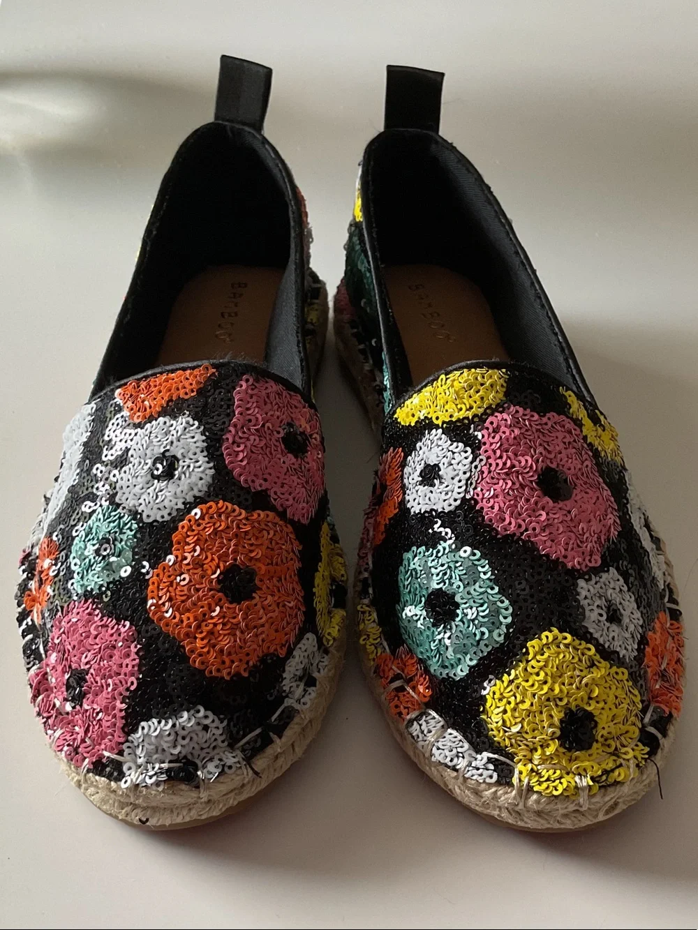 BAMBOO Black Espadrilles with Multicolor Sequin Flowers